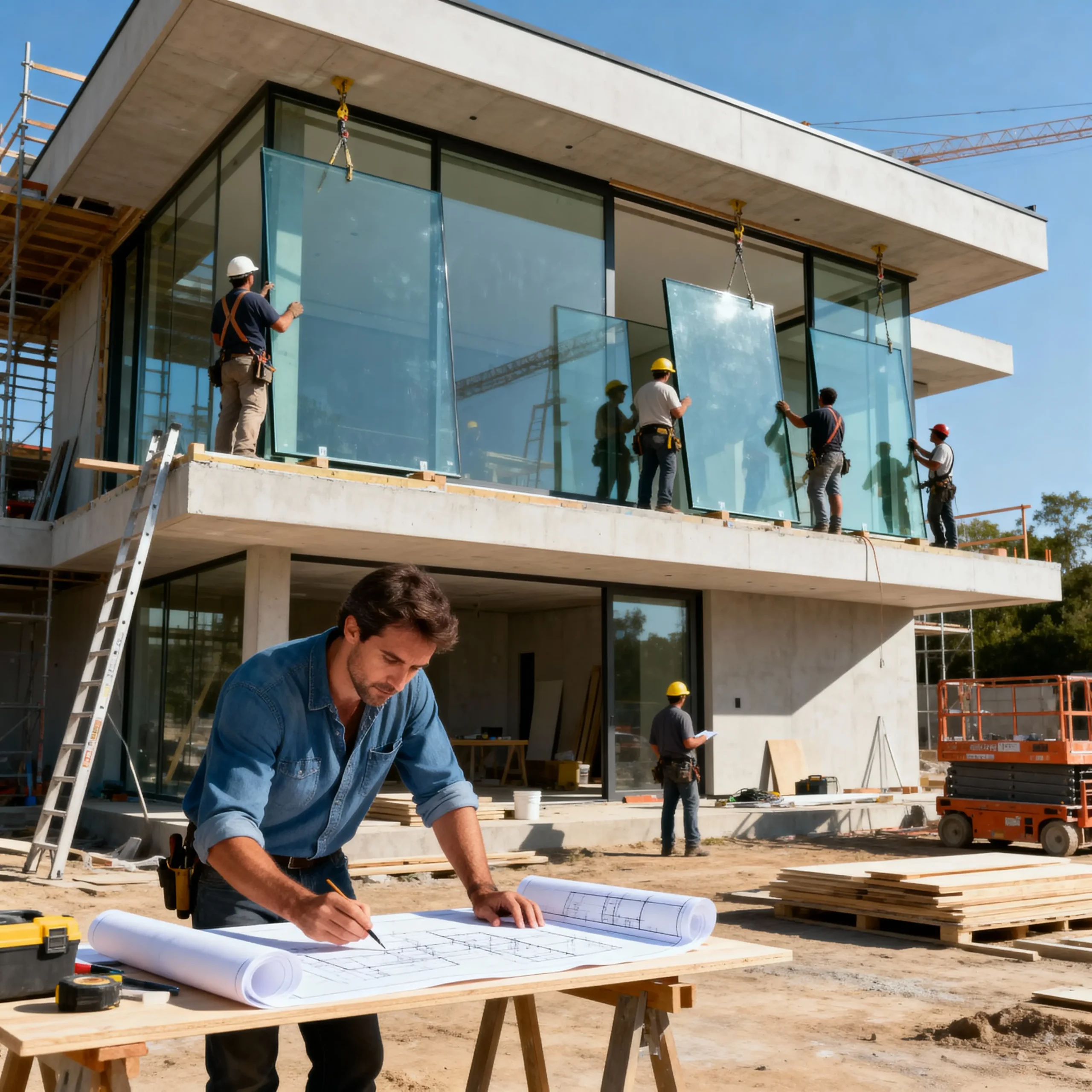 Obra en construcción con cimientos